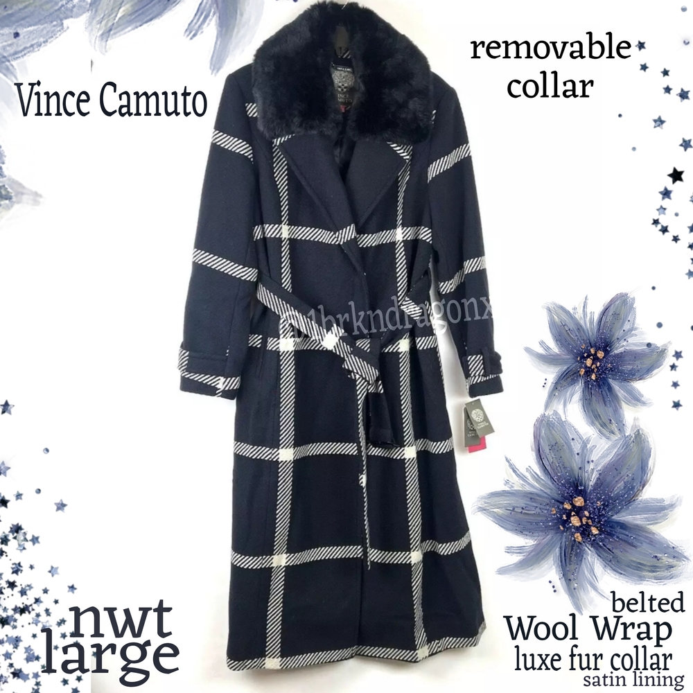 Brand New Vince Camuto Wool Belted Navy White Plaid Trench Coat Fur LARGE FUR - Picture 14 of 17